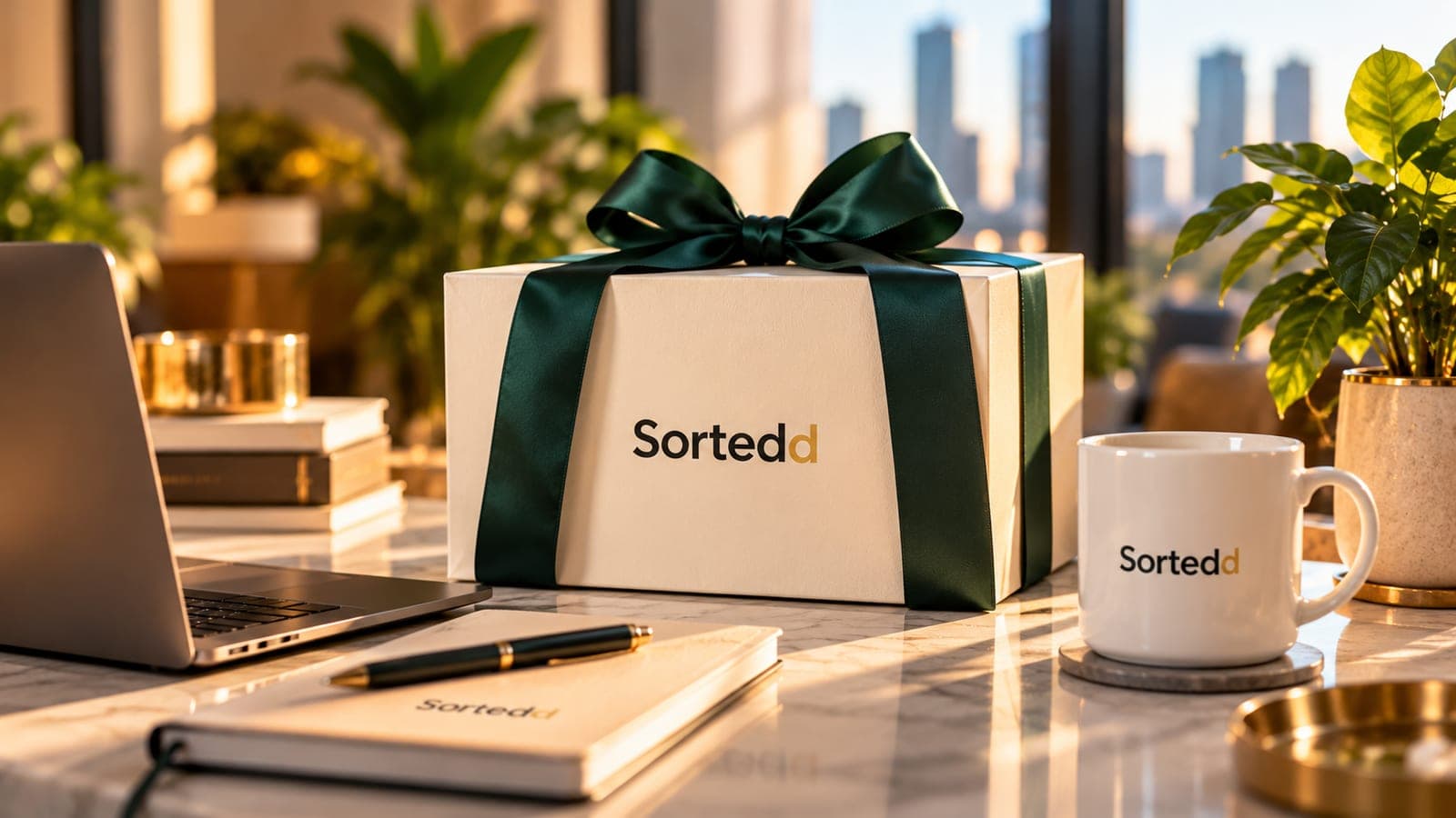 Gift box with a green ribbon on an office desk