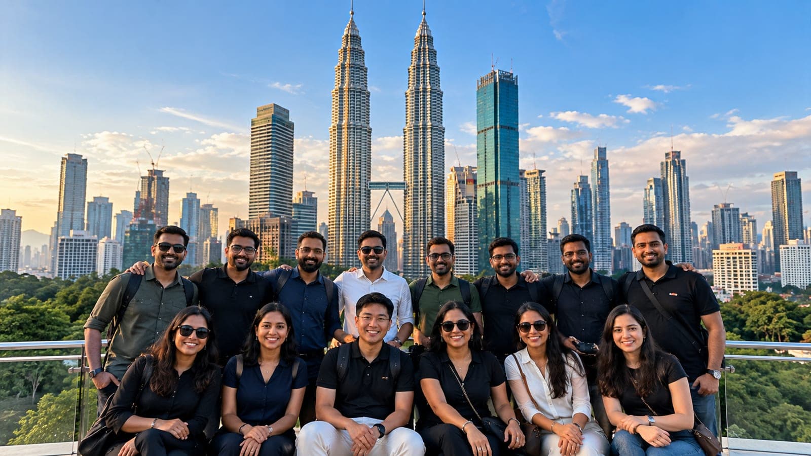 Corporate group photo with the Kuala Lumpur skyline