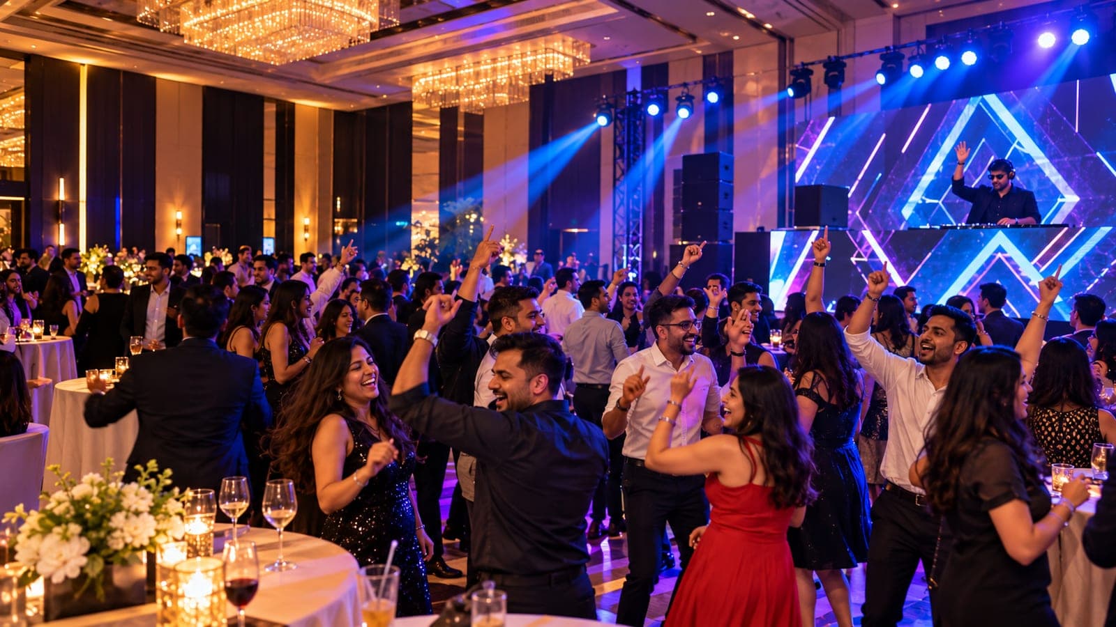 Employees celebrating at a corporate offsite evening