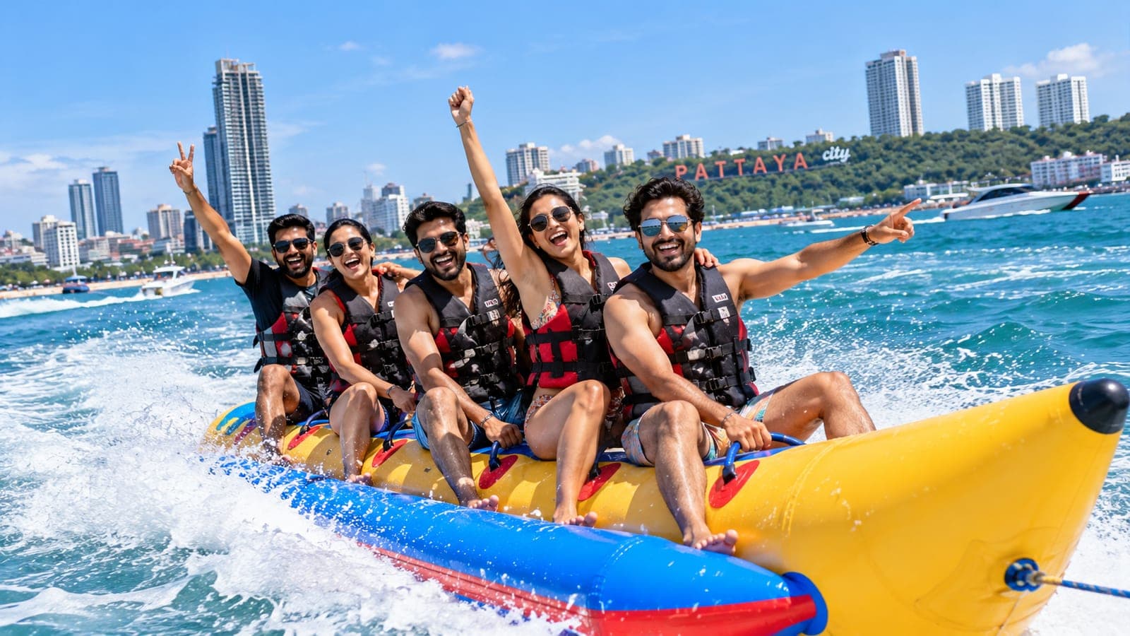 Team enjoying a banana boat ride in Pattaya